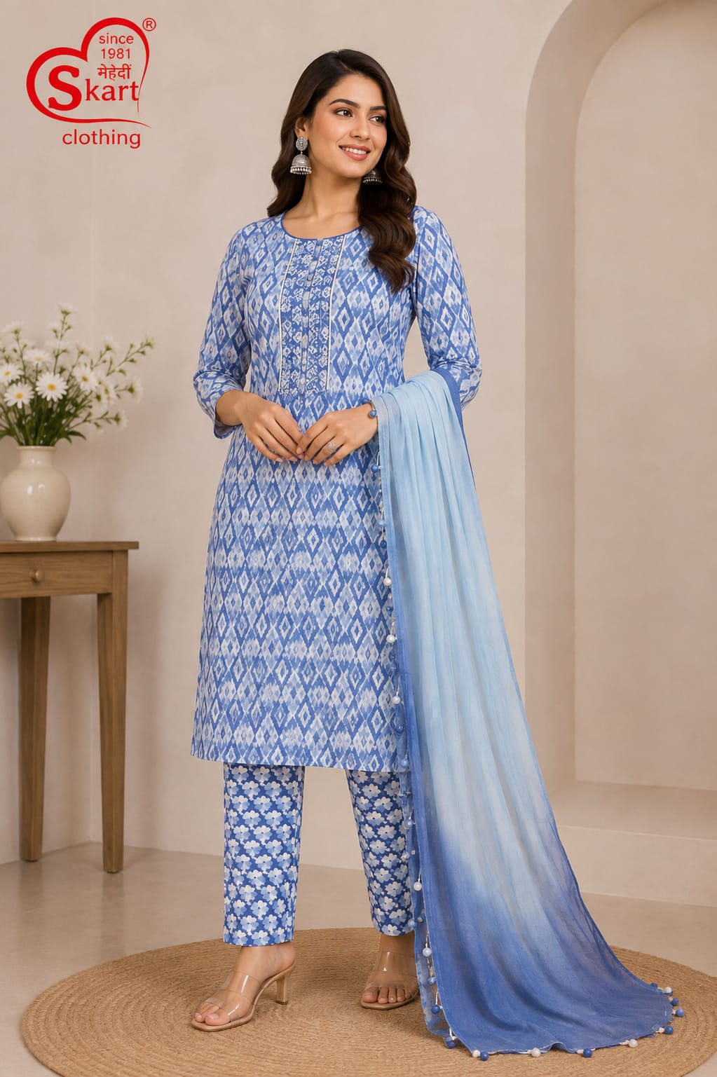 Blue Printed Kurta Set with Floral Pants & Ombre Dupatta