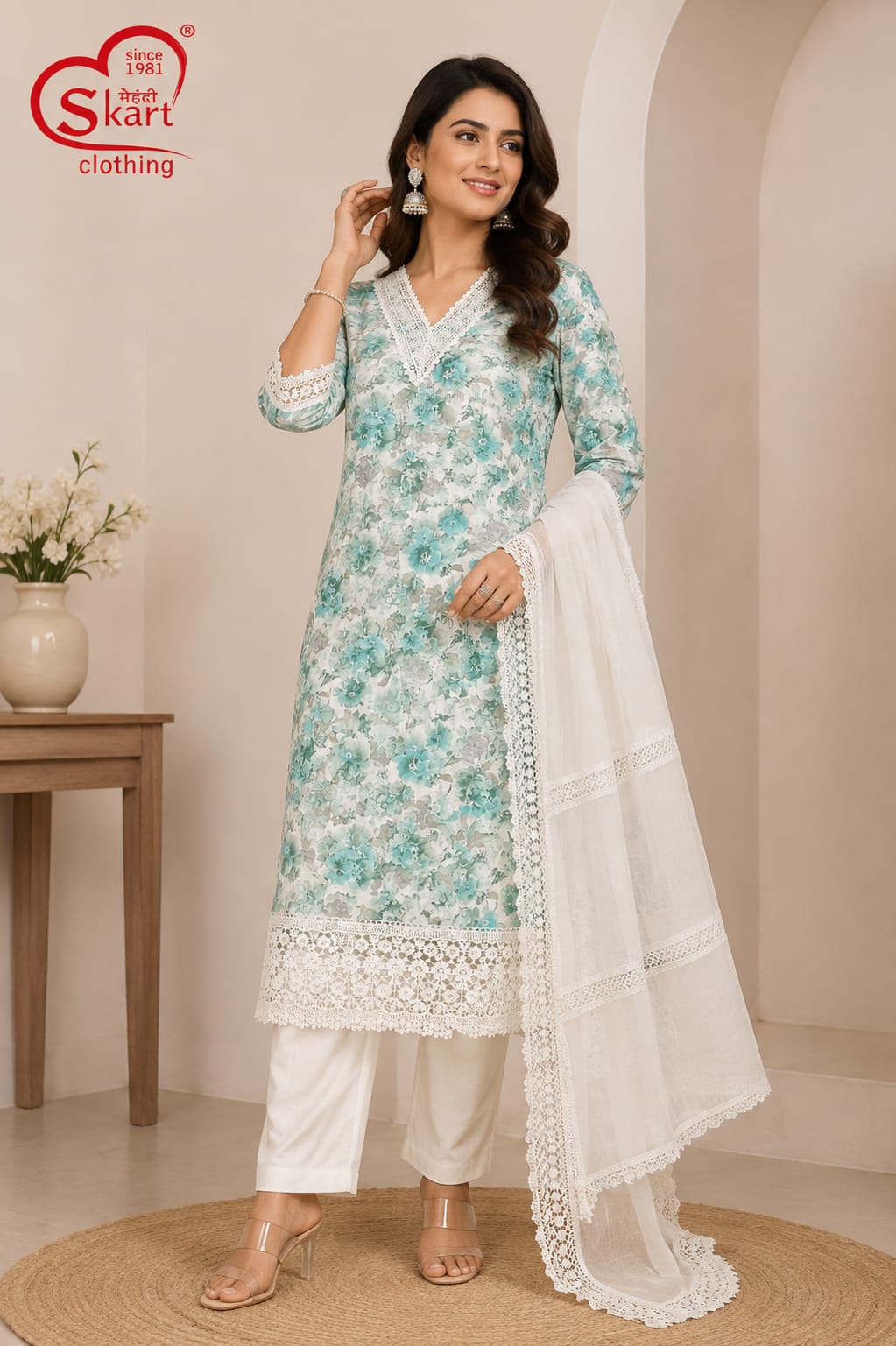 Sea Green Floral Printed Kurta Set with White Dupatta