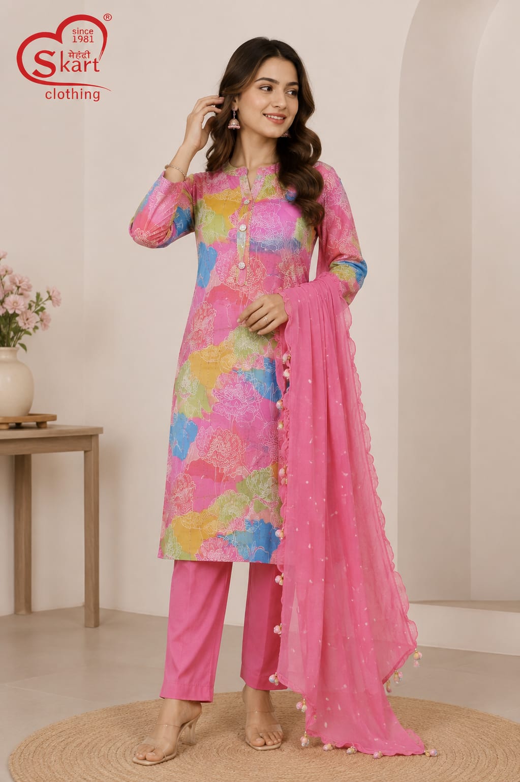 Pink Multicolor Printed Kurta Set with Matching Dupatta