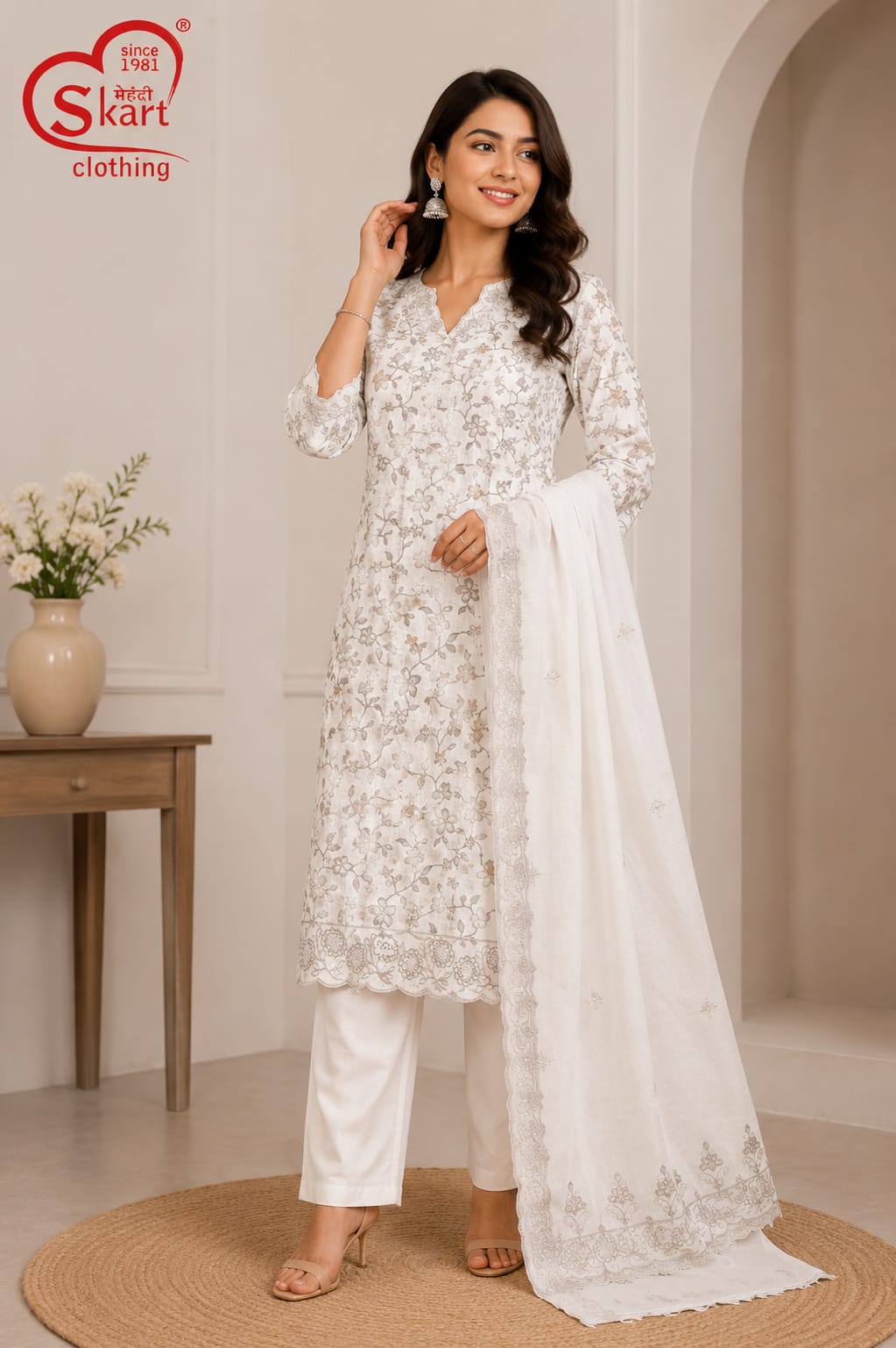 White Floral Printed Kurta Set with Lace Dupatta