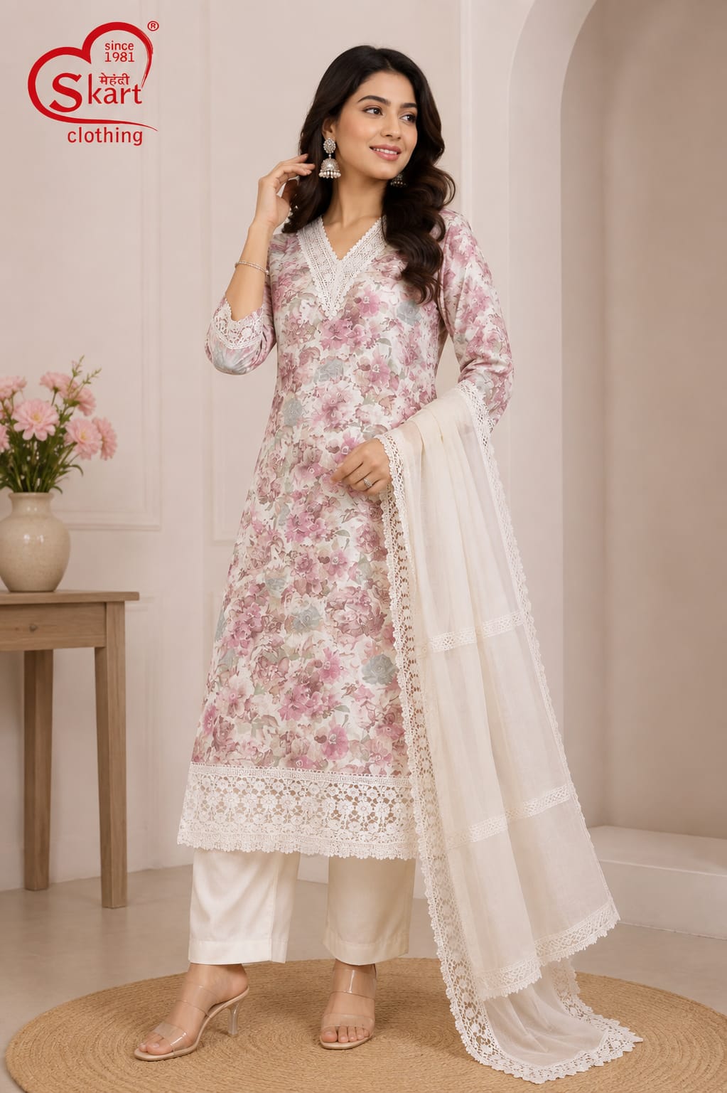 Pink Floral Printed Kurta Set with White Lace Dupatta