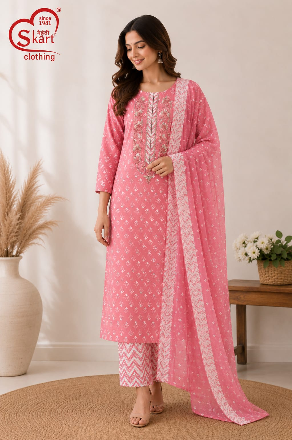 Pink Printed Kurta Set with Chevron Pants & Dupatta