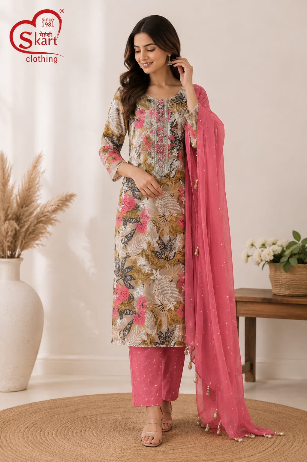 Floral Printed Kurta Set with Pink Dupatta