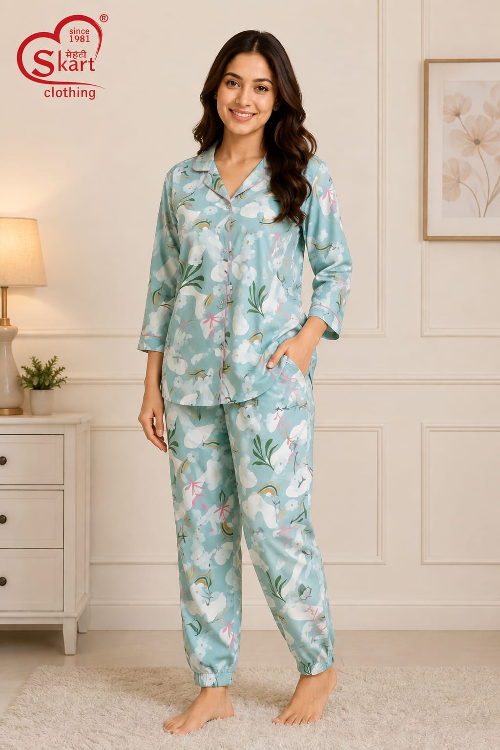 Sky Blue Floral Printed Women’s Night Suit