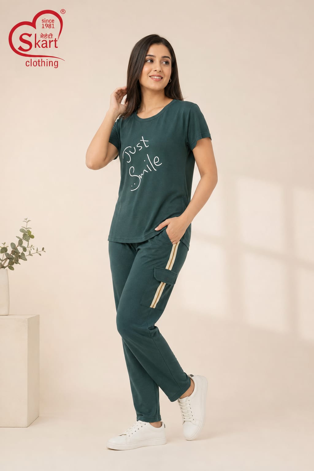 Dark Green “Just Smile” Women’s Casual Co-ord Set