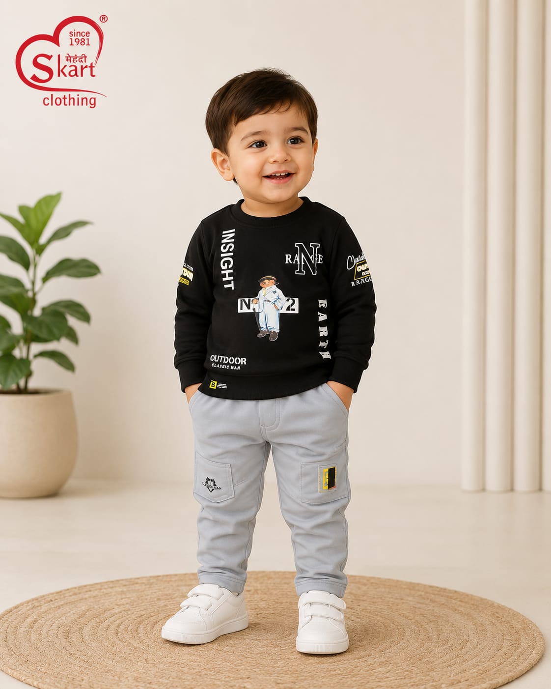 Black Printed Sweatshirt & Grey Cargo Pants Set for Boys