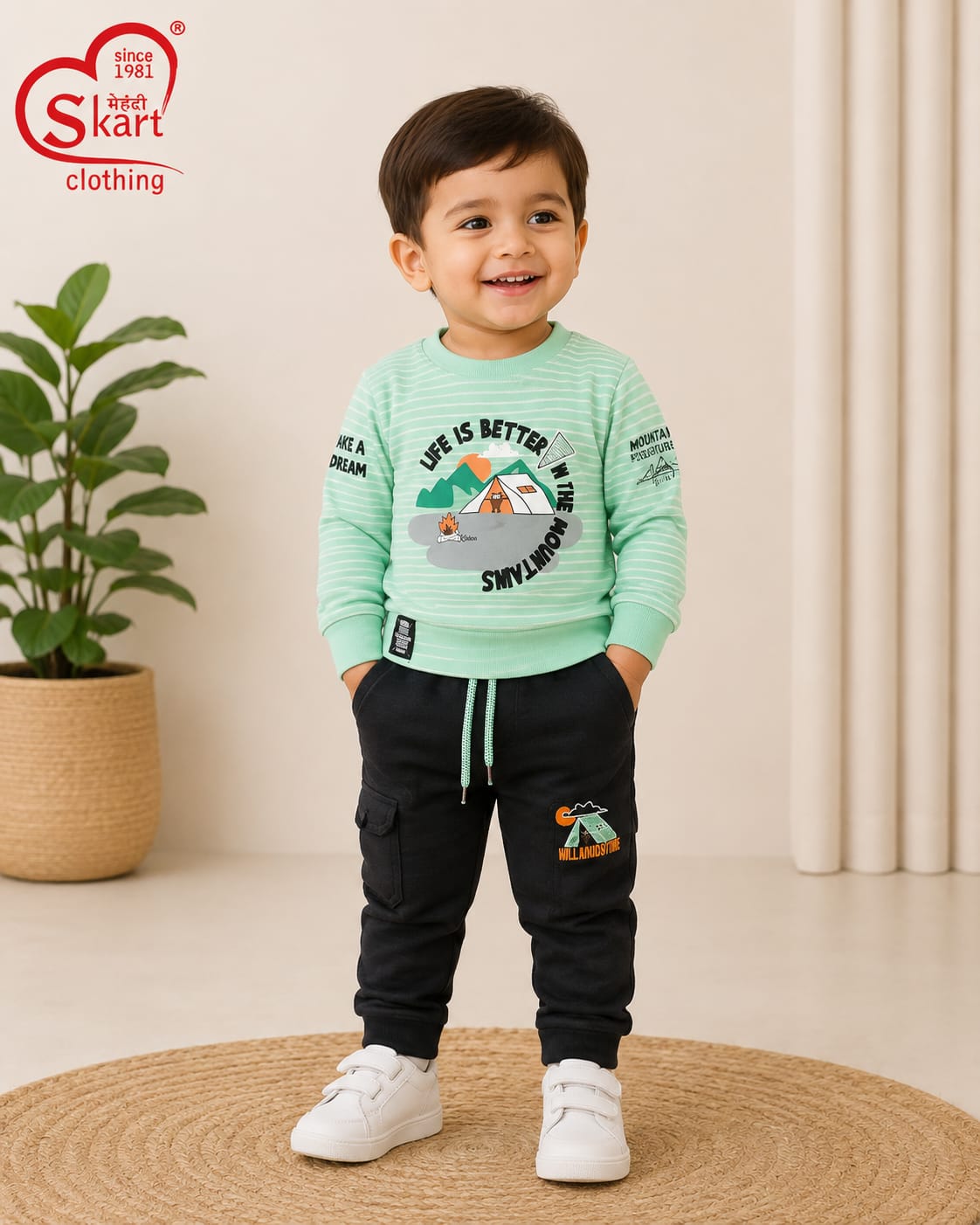 Mint Green Printed Sweatshirt & Black Cargo Pants Set for Boys