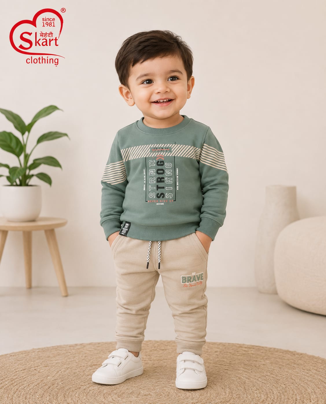 Sage Green Printed Sweatshirt & Beige Jogger Set for Boys