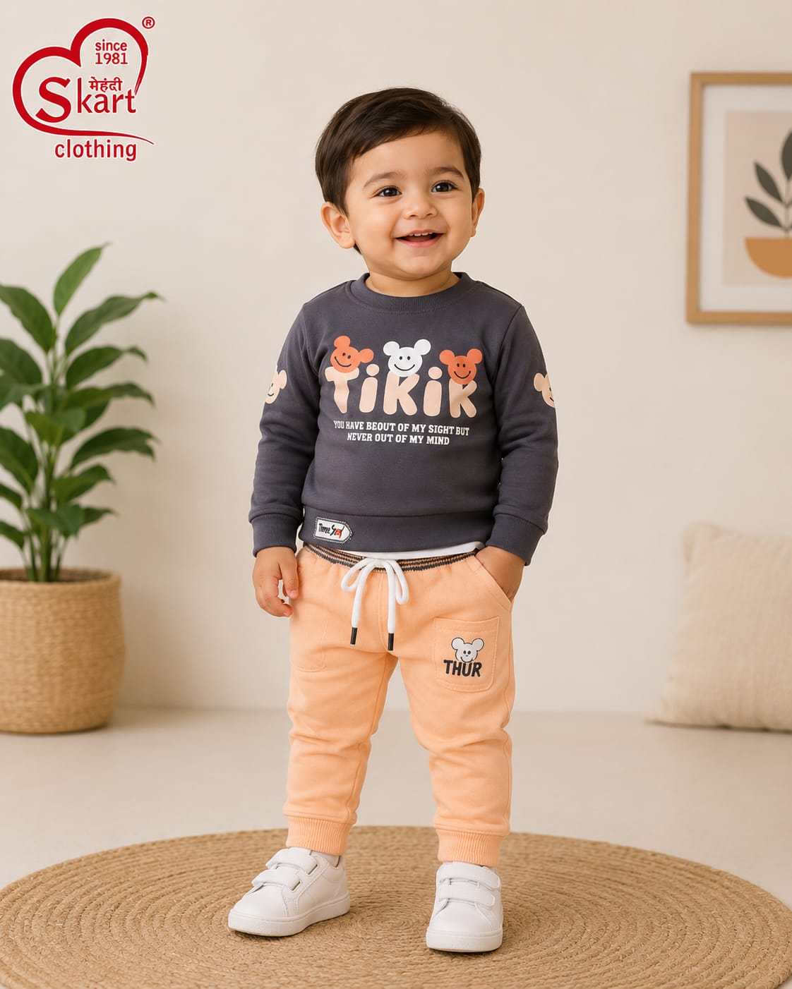 Charcoal Grey Printed Sweatshirt & Peach Jogger Set for Boys