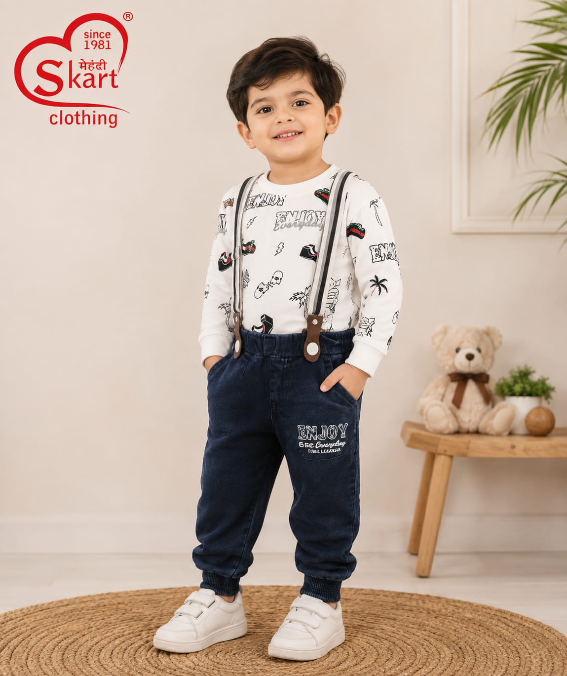 Boys Stylish Printed Sweatshirt with Denim-Style Joggers & Suspenders