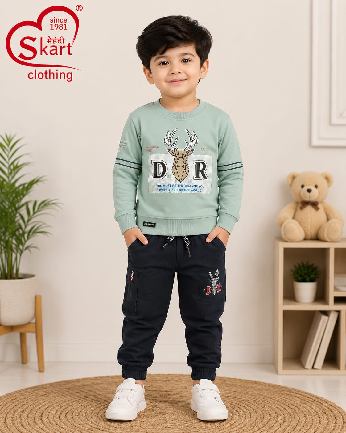 Boys Stylish Mint Green Printed Sweatshirt with Black Jogger Pants