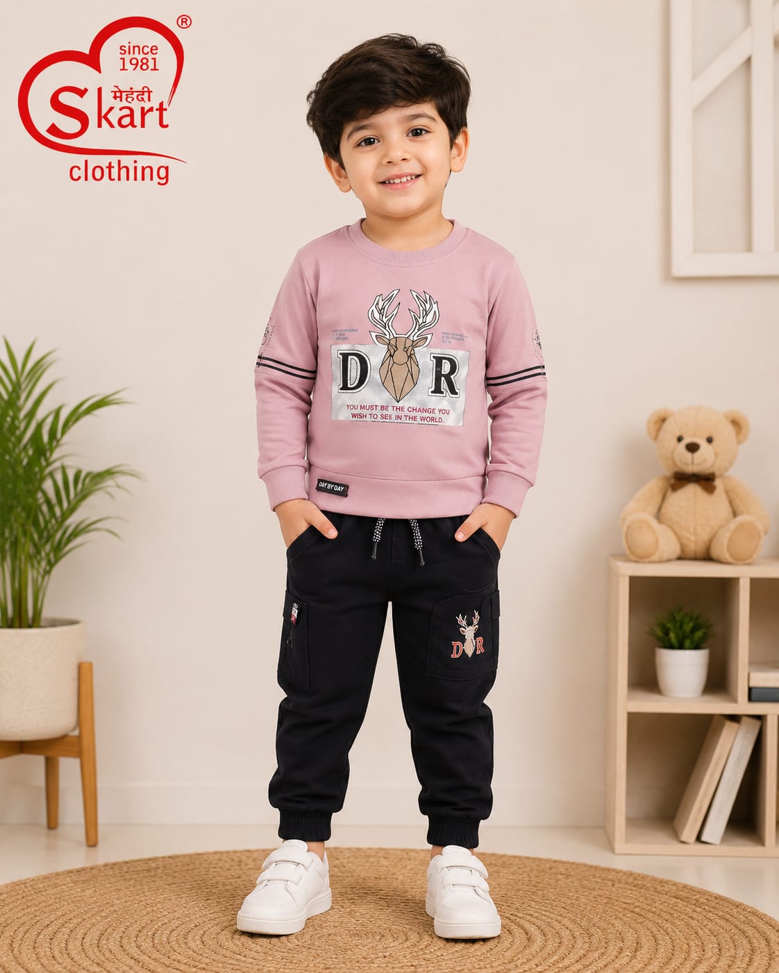 Boys Stylish Pink Printed Sweatshirt with Black Jogger Pants