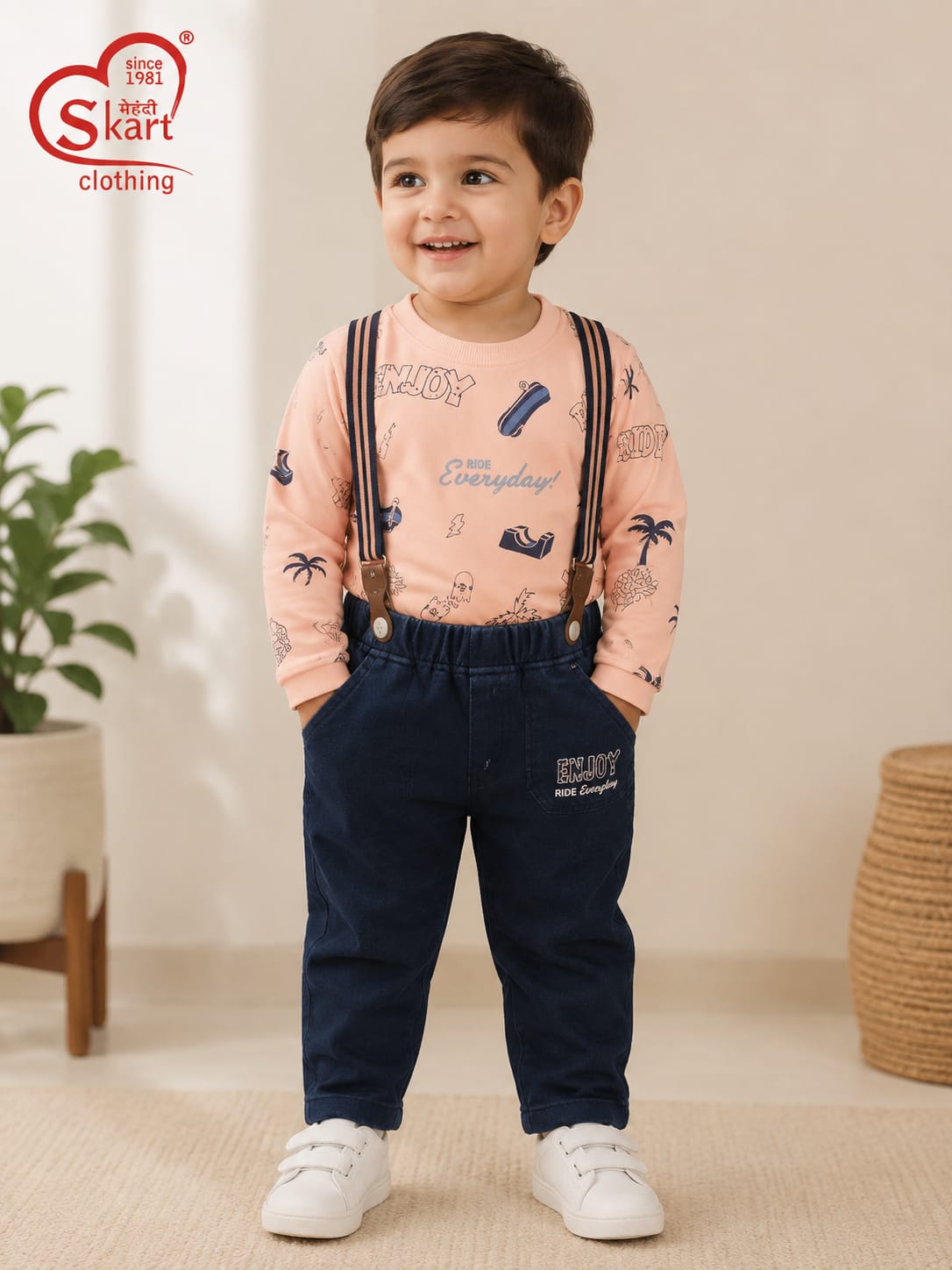 Peach Printed Sweatshirt with Navy Blue Suspender Jogger Set for Boys