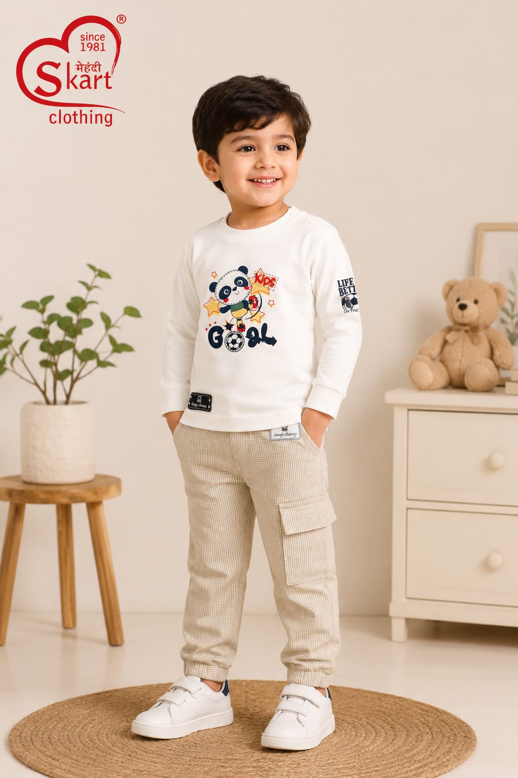 White Printed Full-Sleeve T-Shirt with Beige Check Cargo Pants for Boys