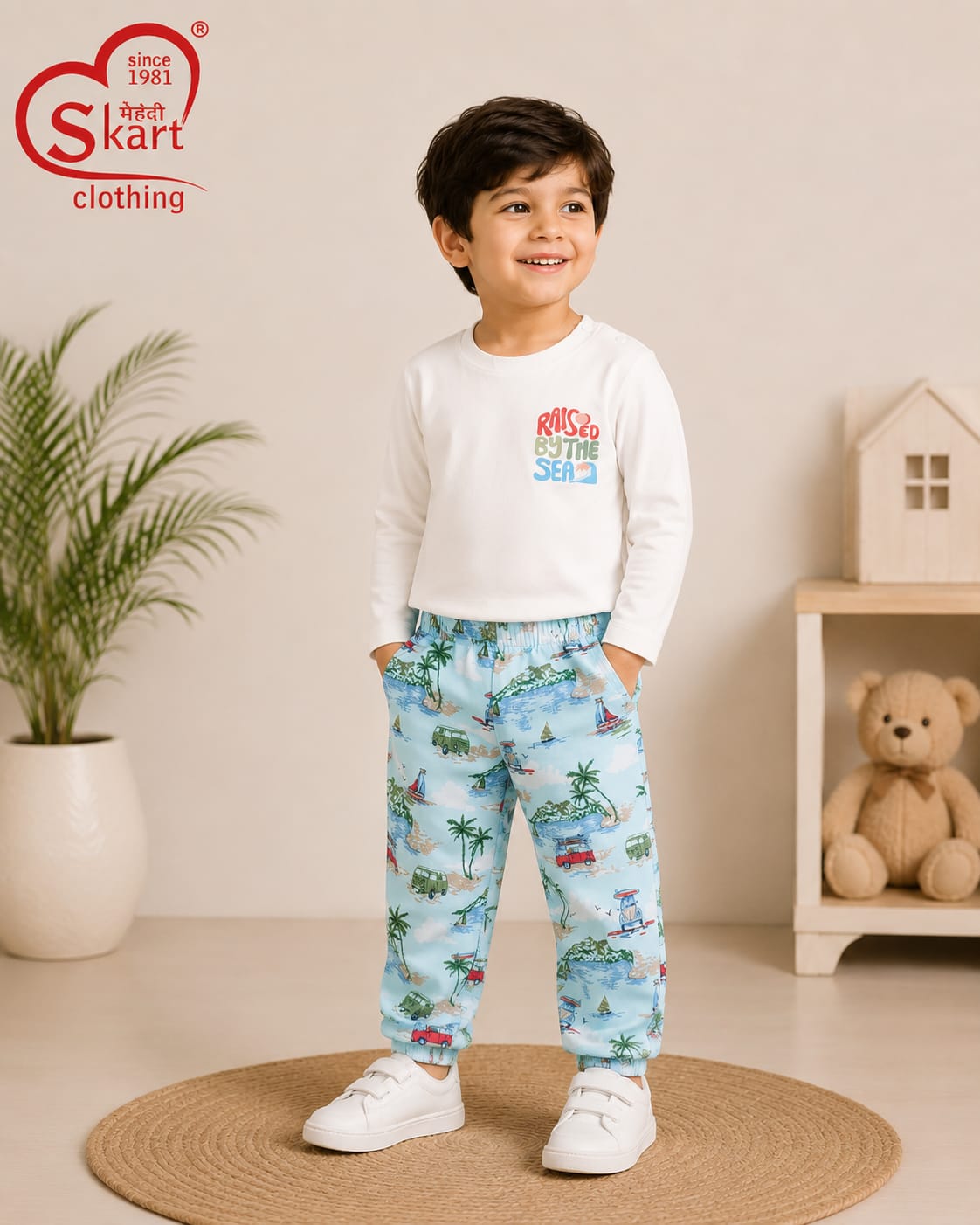 White Full-Sleeve Printed T-Shirt with Tropical Beach Print Jogger Set for Boys