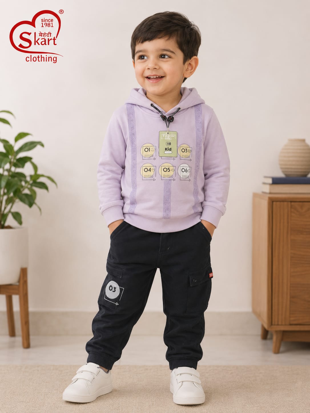 Boys’ Lavender Hooded Sweatshirt & Black Cargo Pants Set