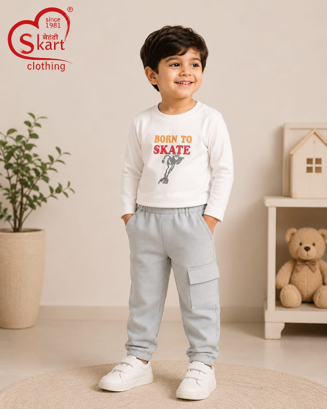 Boys’ White Full-Sleeve “Born to Skate” T-Shirt & Grey Cargo Pants Set