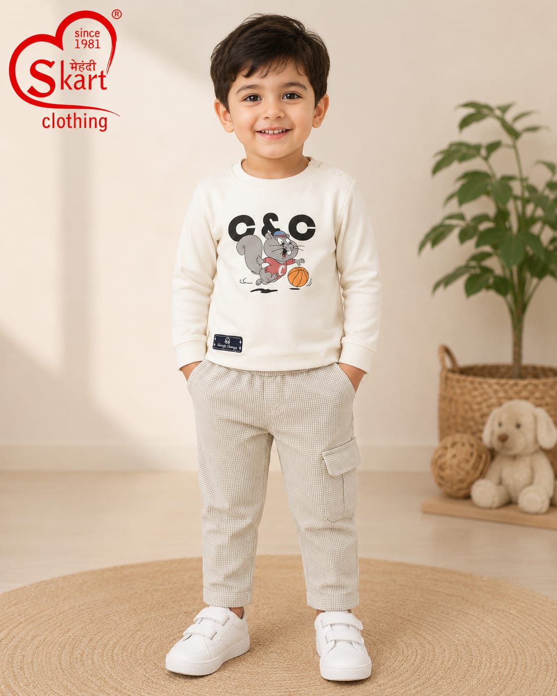 Boys’ Cream Graphic Sweatshirt & Checkered Cargo Pants Set