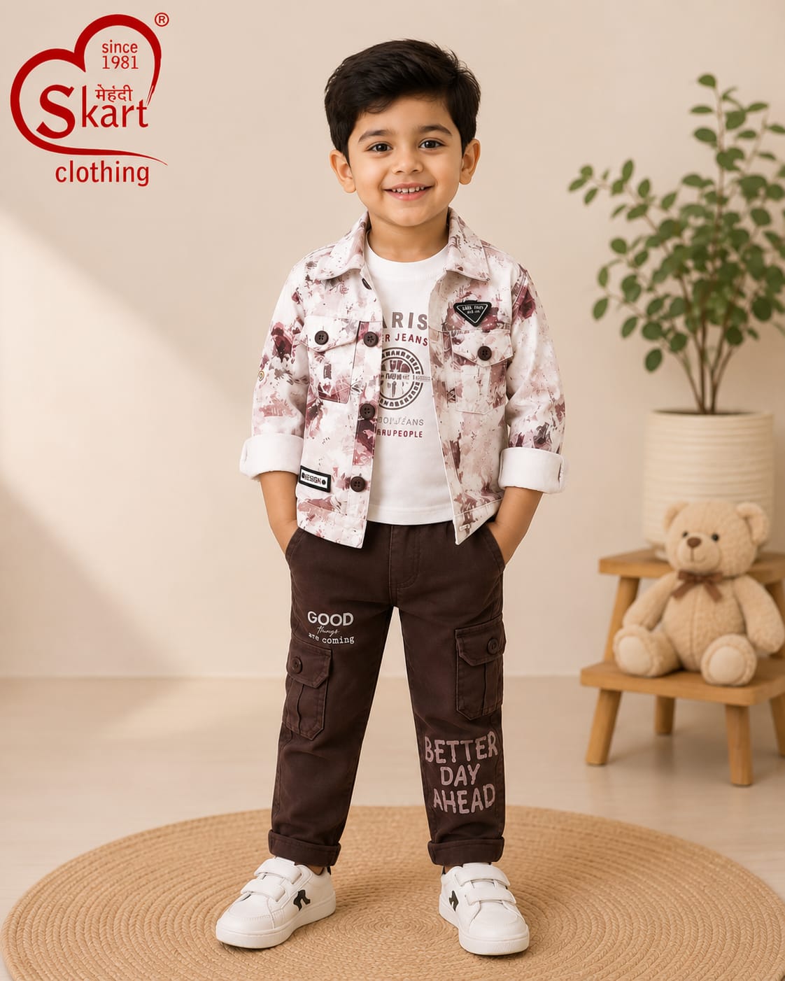 Boys’ Printed Denim Jacket with Graphic T-Shirt & Cargo Pants Set