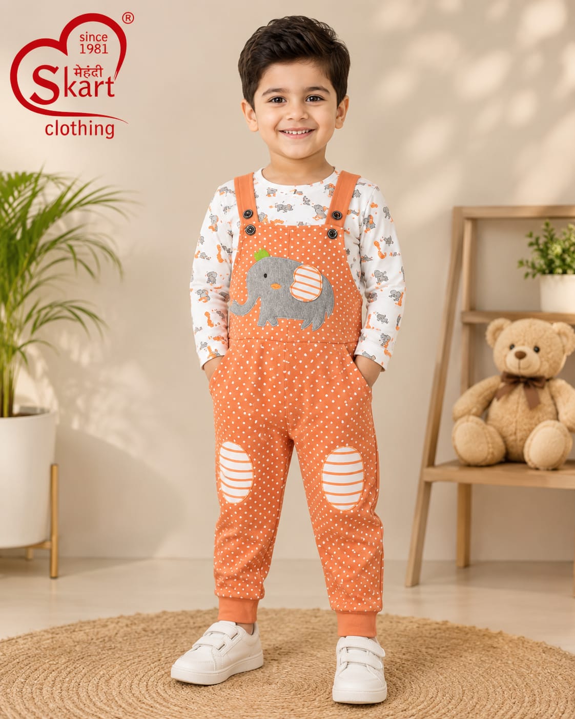 Boys’ Orange Elephant Print Dungaree & Full-Sleeve T-Shirt Set