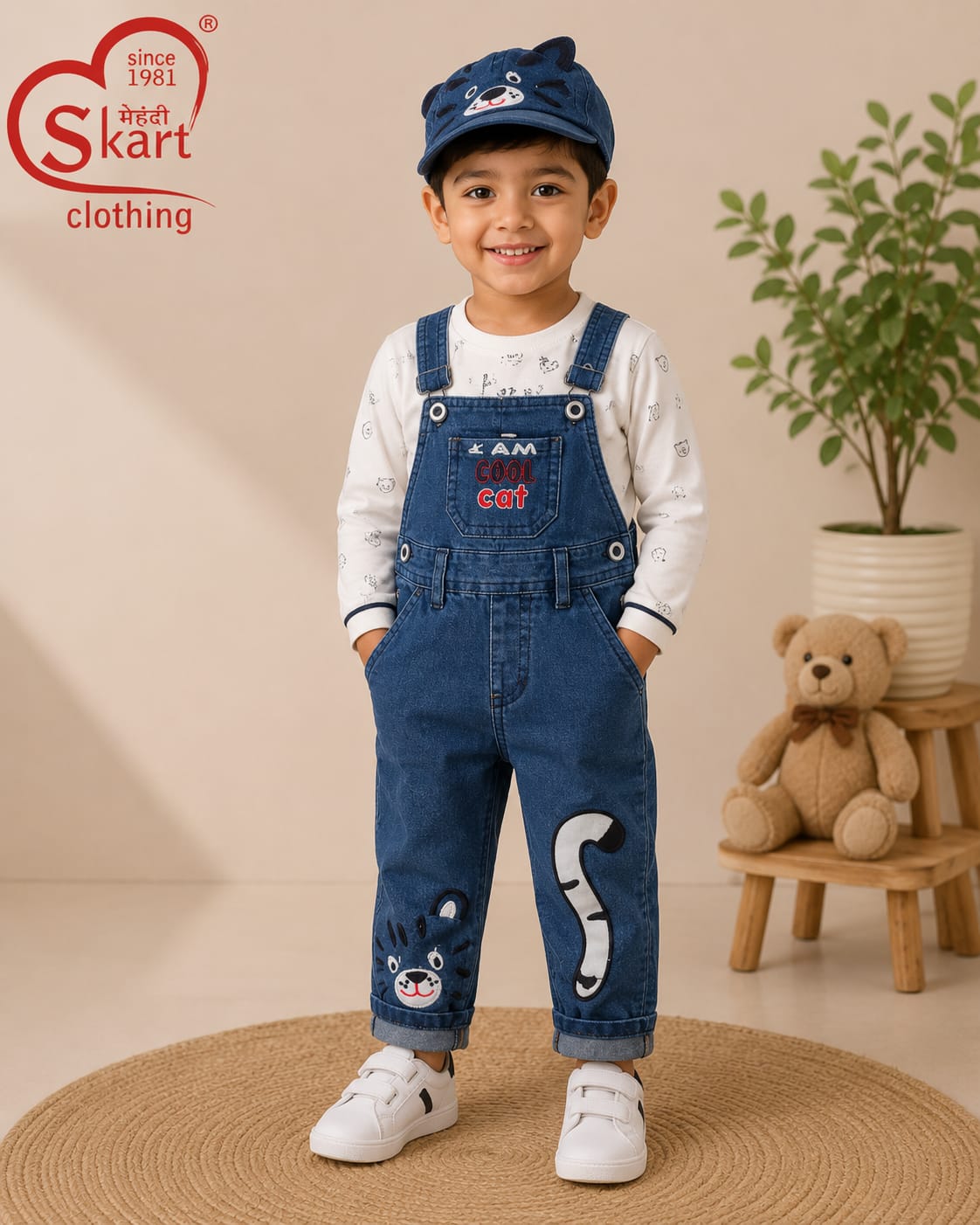 Boys Denim Dungaree Set with Cool Cat Print & Matching Cap