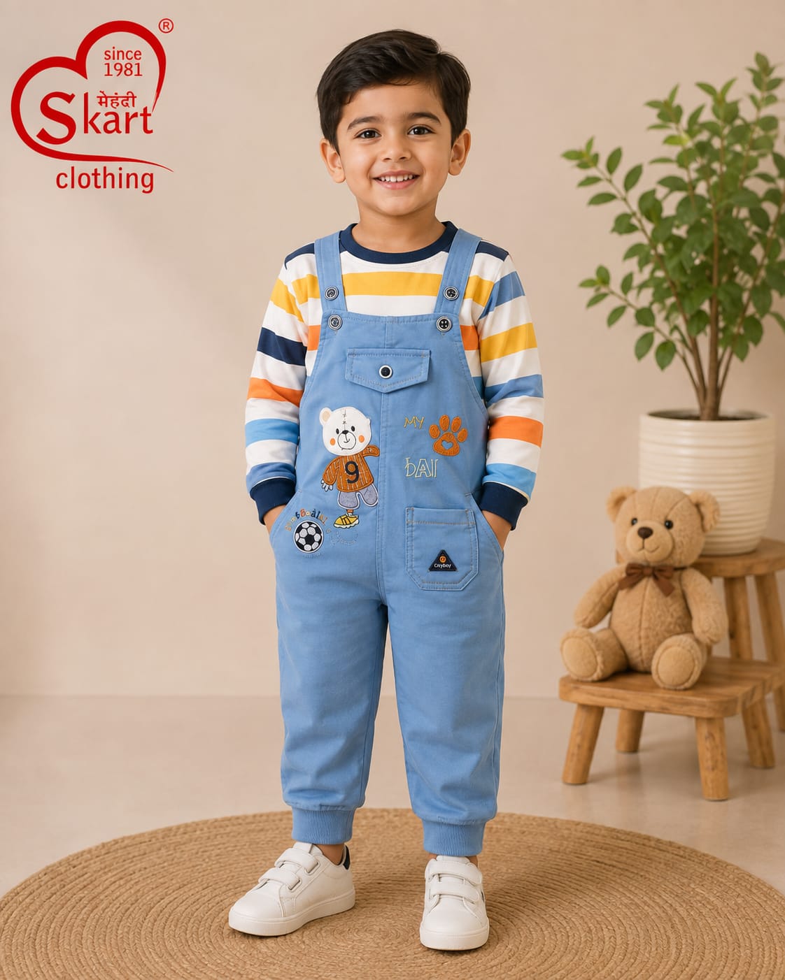 Boys Light Blue Bear Print Dungaree Set with Striped Full-Sleeve T-Shirt
