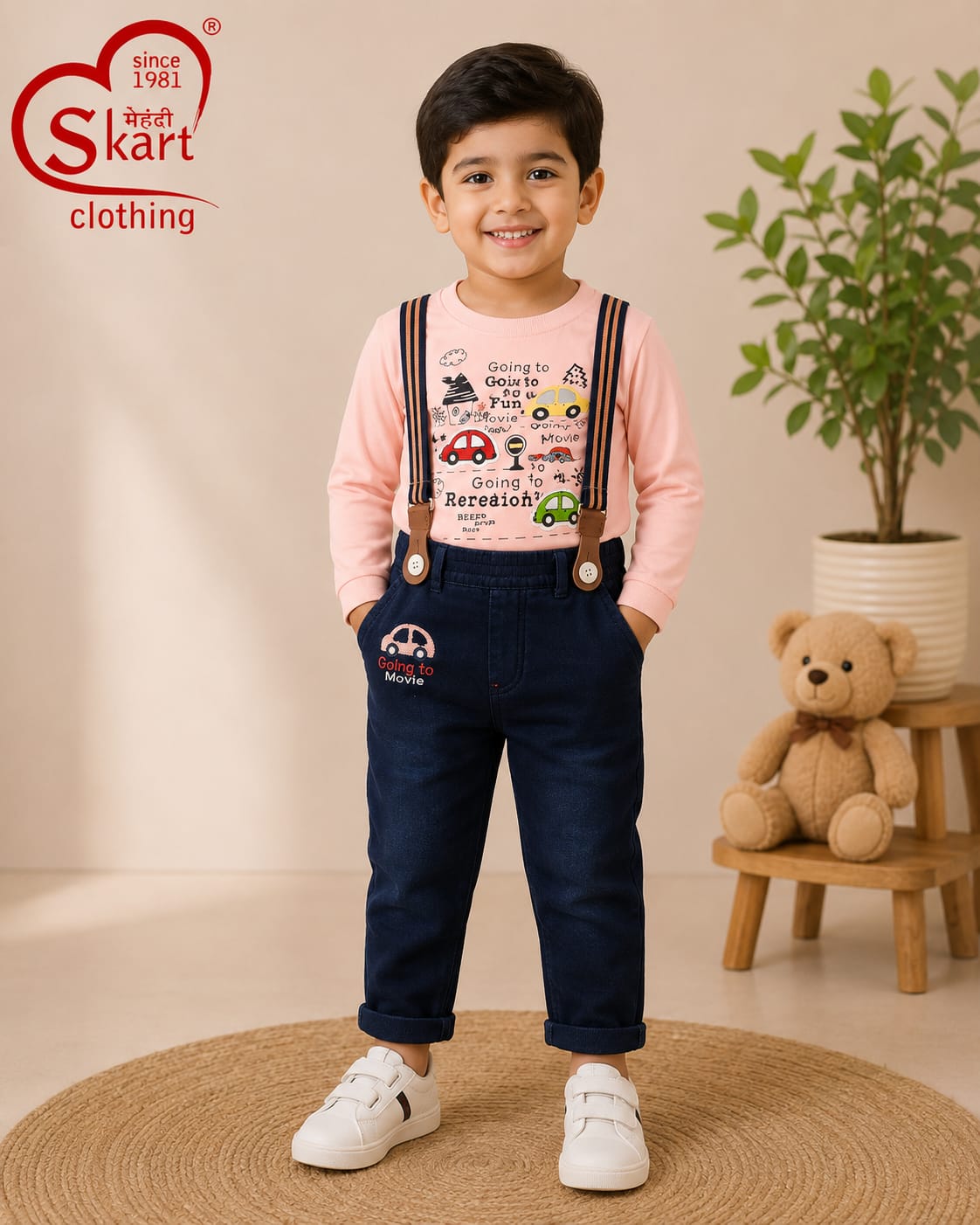 Boys Navy Blue Suspenders Pants Set with Cute Car Print T-Shirt