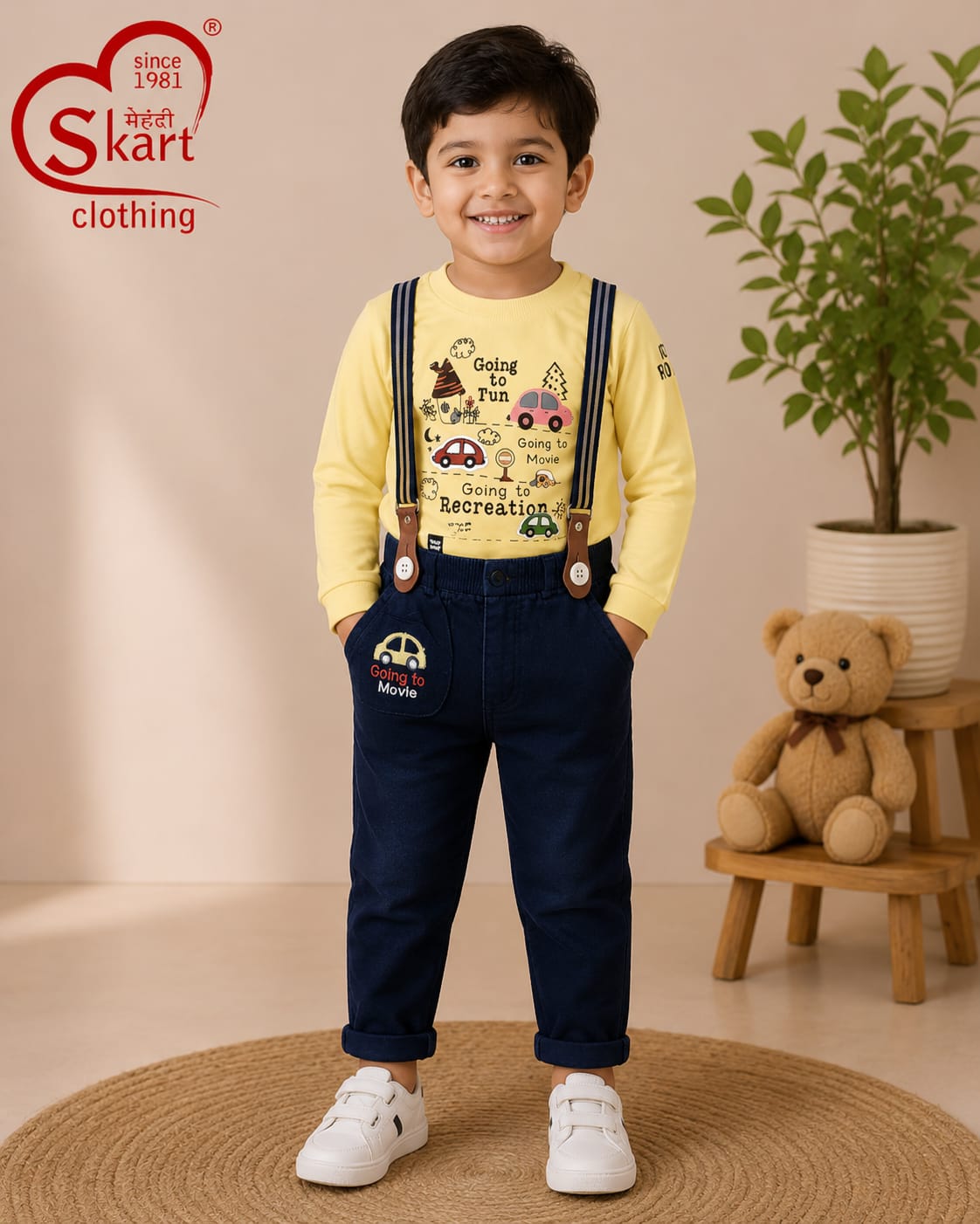 Boys Yellow Printed T-Shirt with Navy Blue Suspenders Pants Set