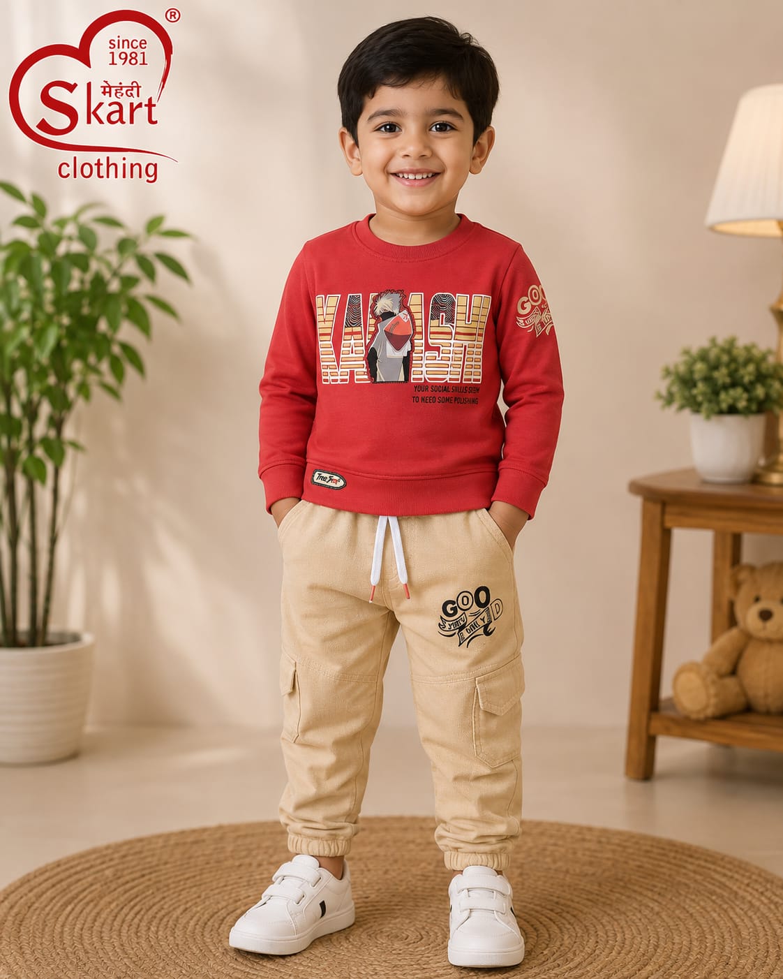 Boys Red Printed Sweatshirt with Beige Cargo Jogger Set