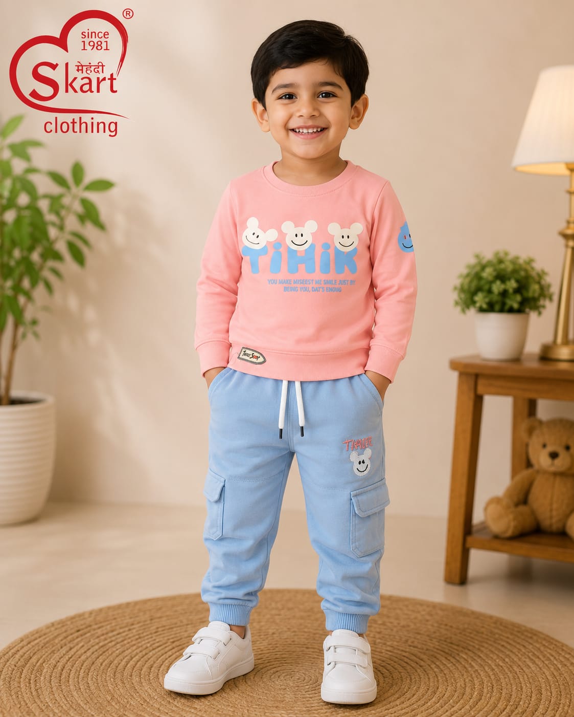 Boys Pink Printed Sweatshirt with Sky Blue Cargo Jogger Set