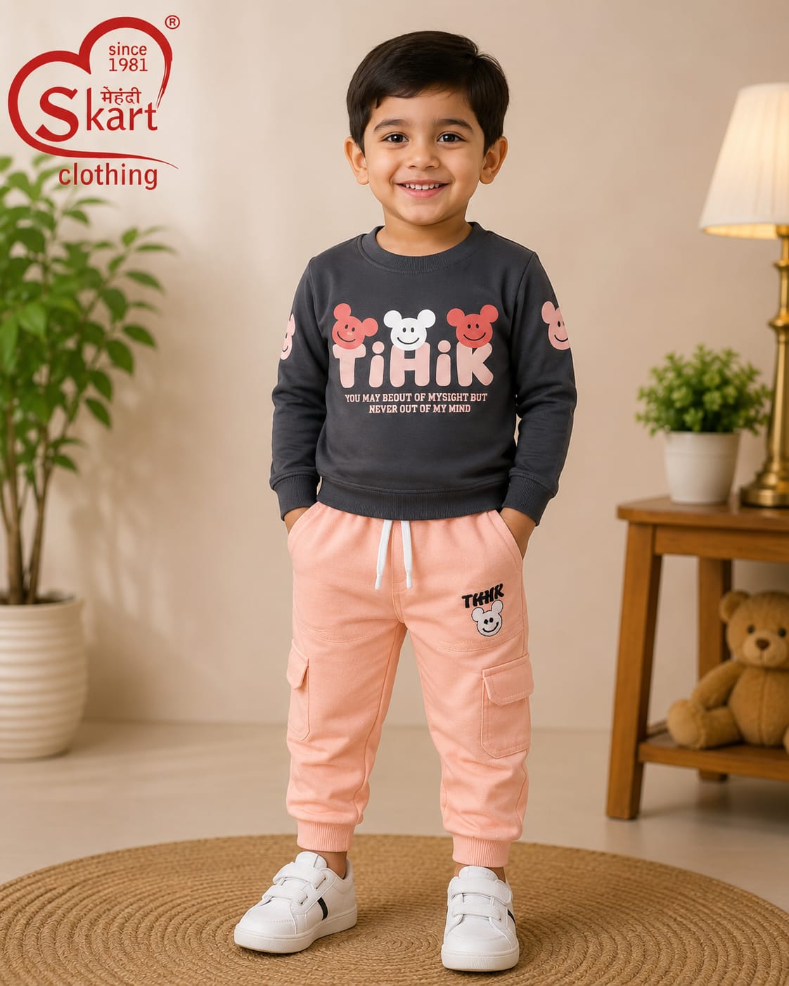 Boys Charcoal Grey Printed Sweatshirt with Peach Cargo Joggers