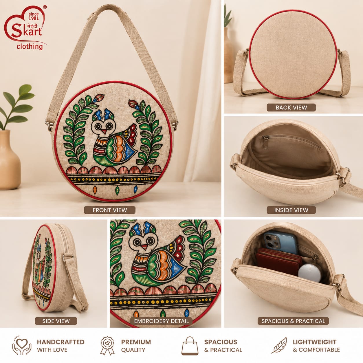 Women’s Round Handcrafted Embroidered Peacock Sling Bag
