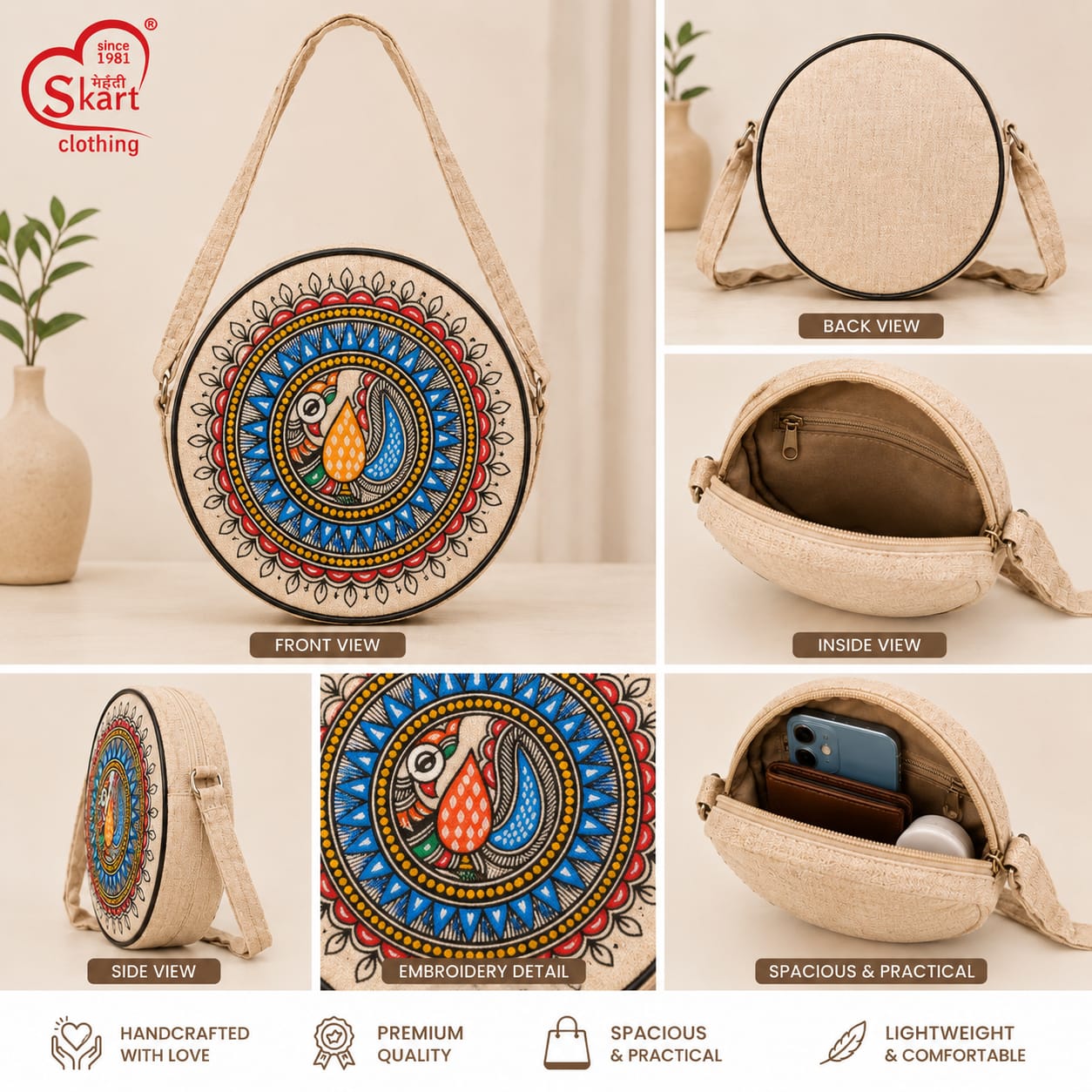 Handcrafted Madhubani Art Round Sling Bag for Women & Girls – Premium Embroidered Crossbody Bag