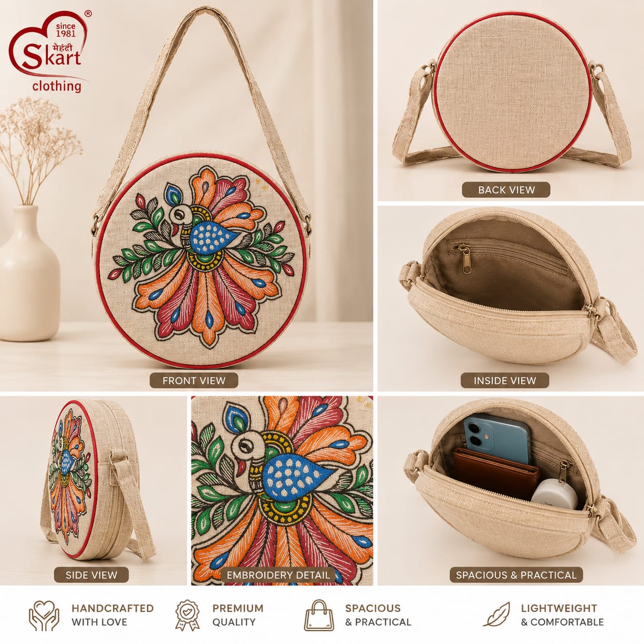 Handcrafted Embroidered Round Sling Bag for Women & Girls