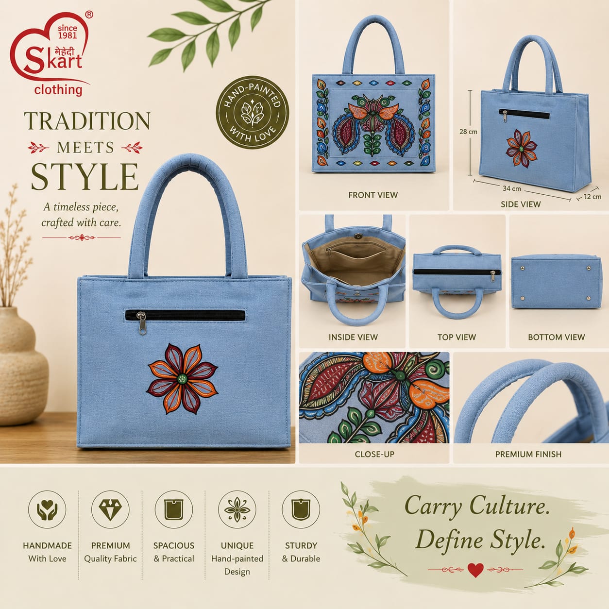 Hand-Painted Floral Tote Bag for Women – Traditional Folk Art Design