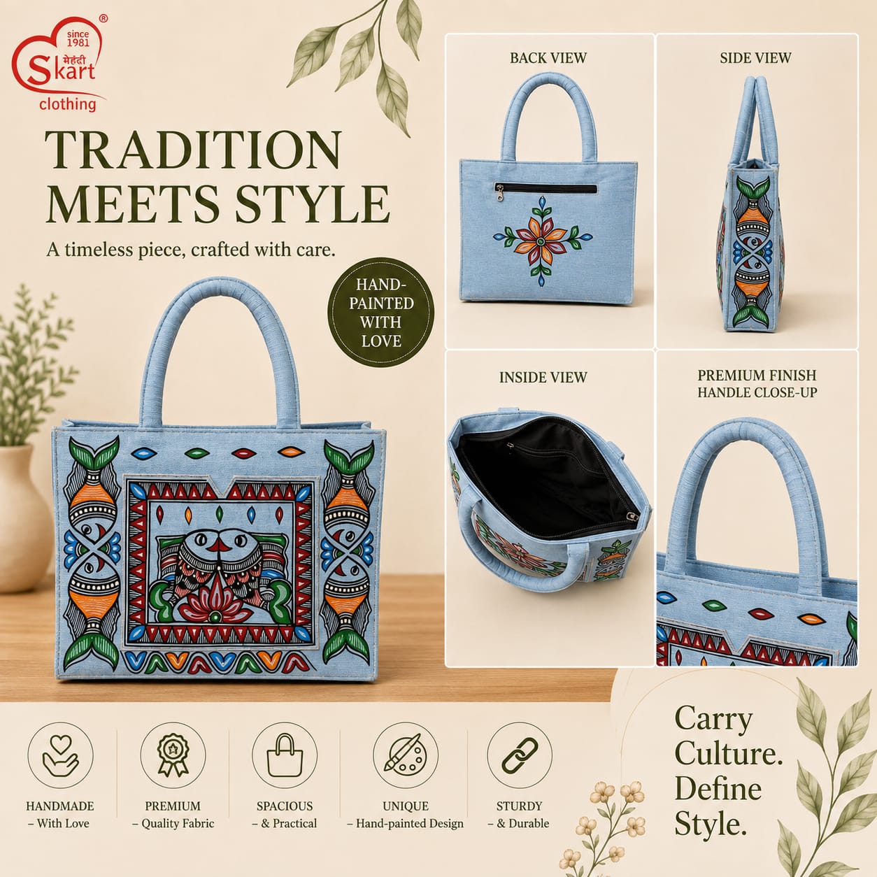 Hand-Painted Traditional Tote Bag for Women – Artistic Ethnic Design with Premium Finish