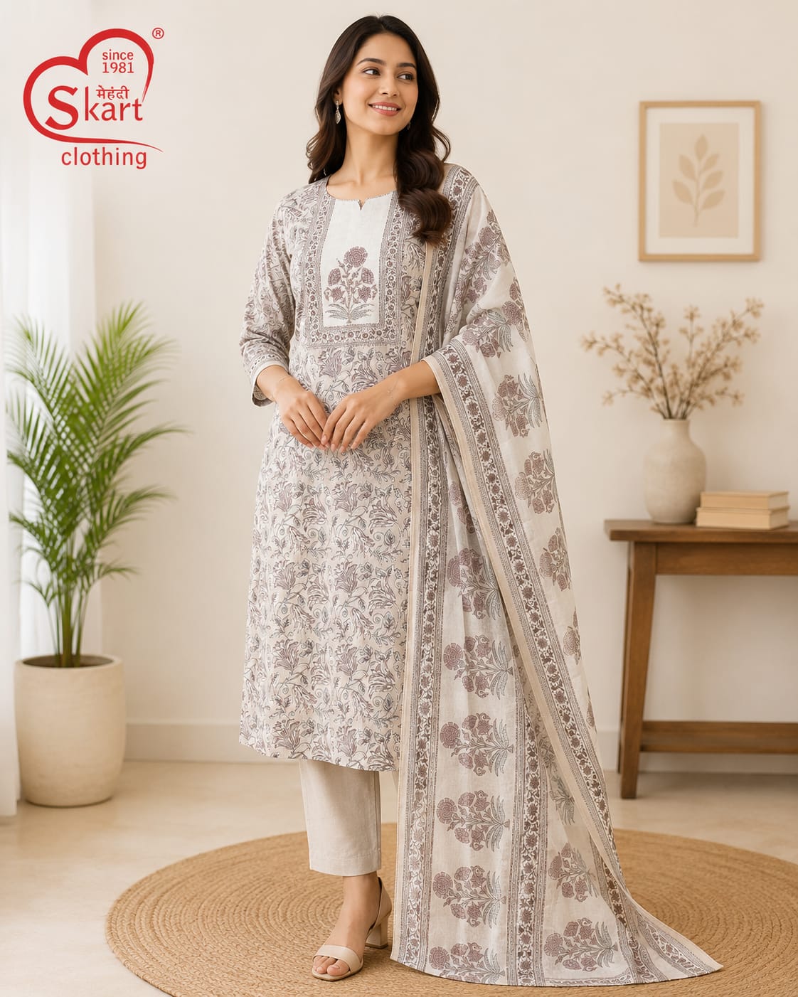 Elegant Floral Printed Cotton Kurta Set for Women with Matching Dupatta
