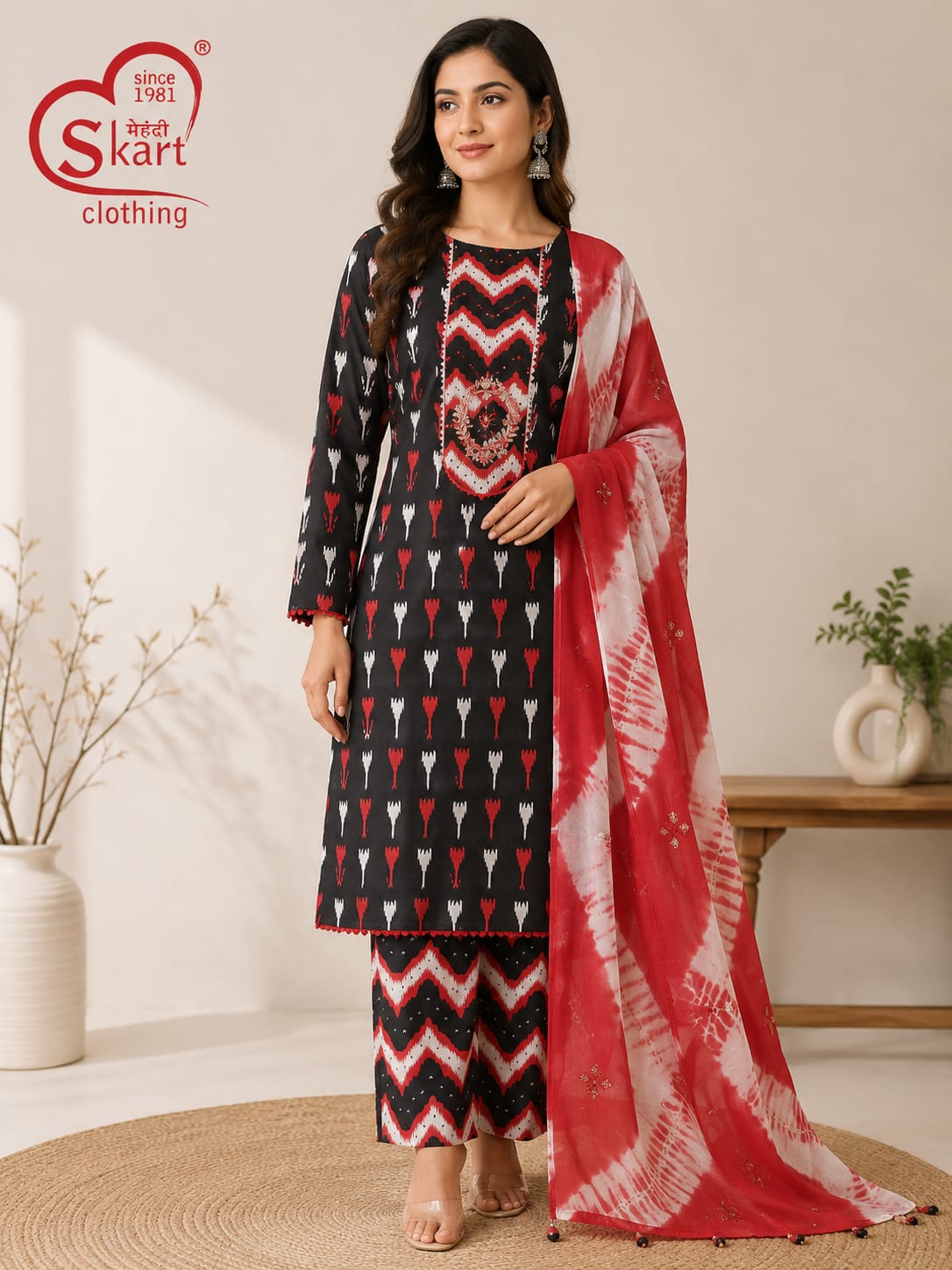 Women’s Black Printed Kurta Palazzo Set with Red Tie-Dye Dupatta – Ethnic Wear