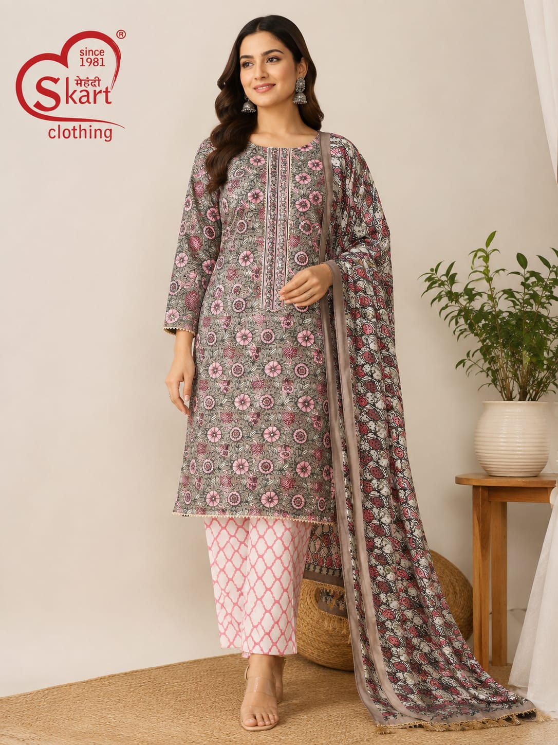 Elegant Floral Printed Cotton Suit Set with Dupatta for Women
