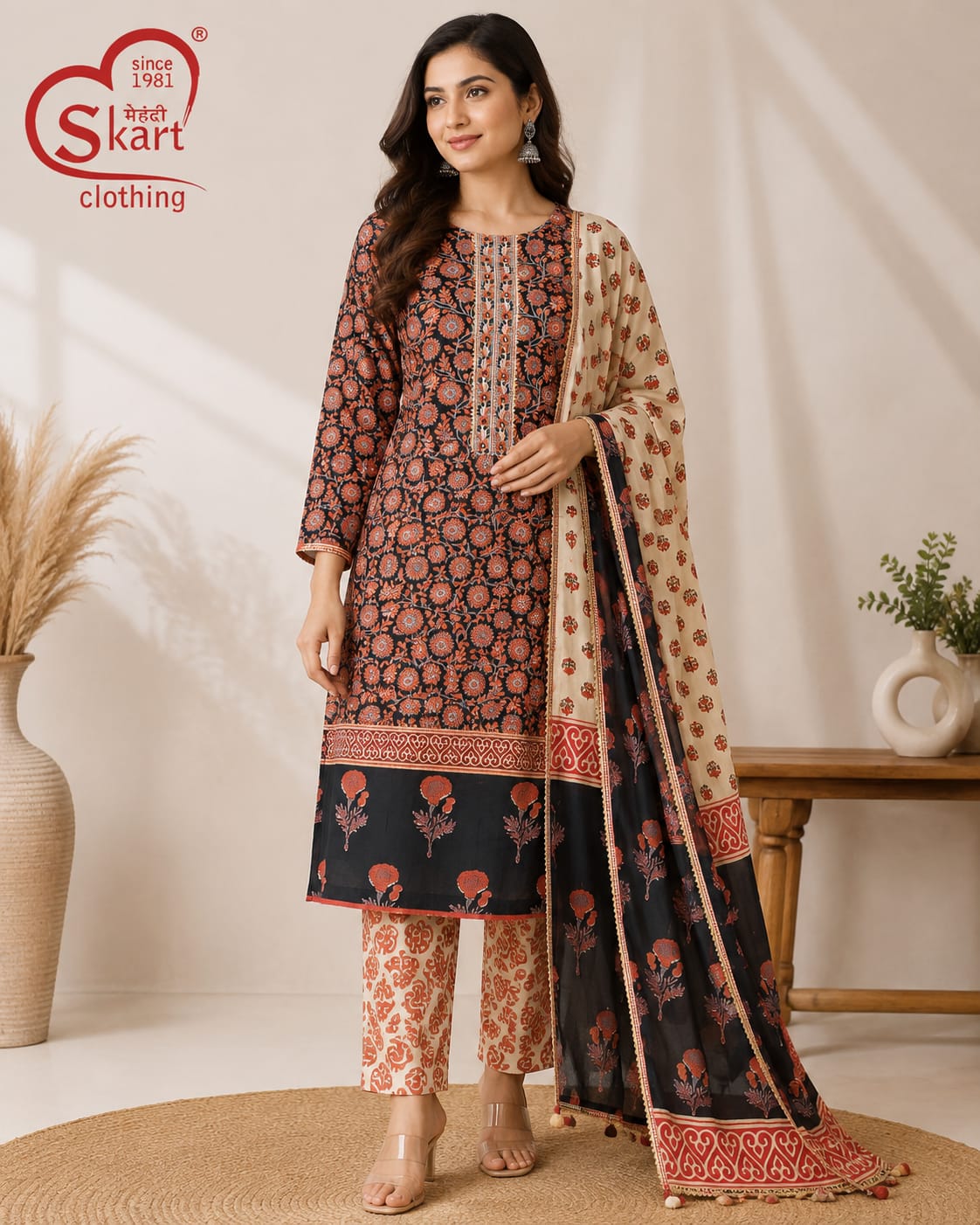 Elegant Black & Rust Floral Printed Cotton Suit Set with Dupatta