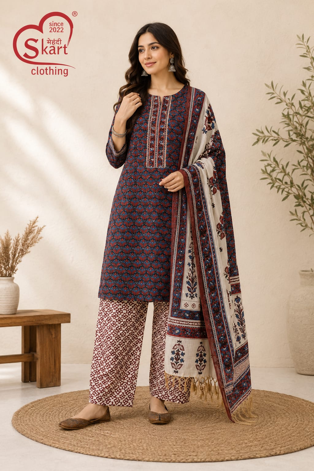 Elegant Blue & Maroon Printed Cotton Suit Set with Dupatta