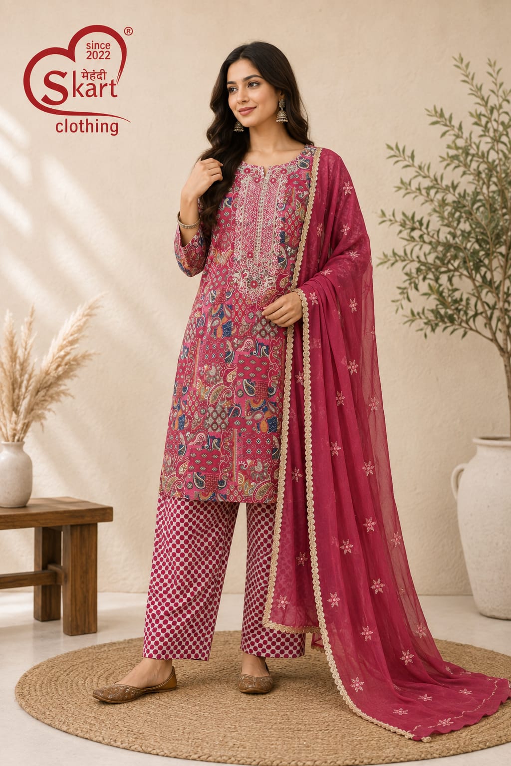 Elegant Pink Printed Cotton Suit Set with Embroidered Dupatta