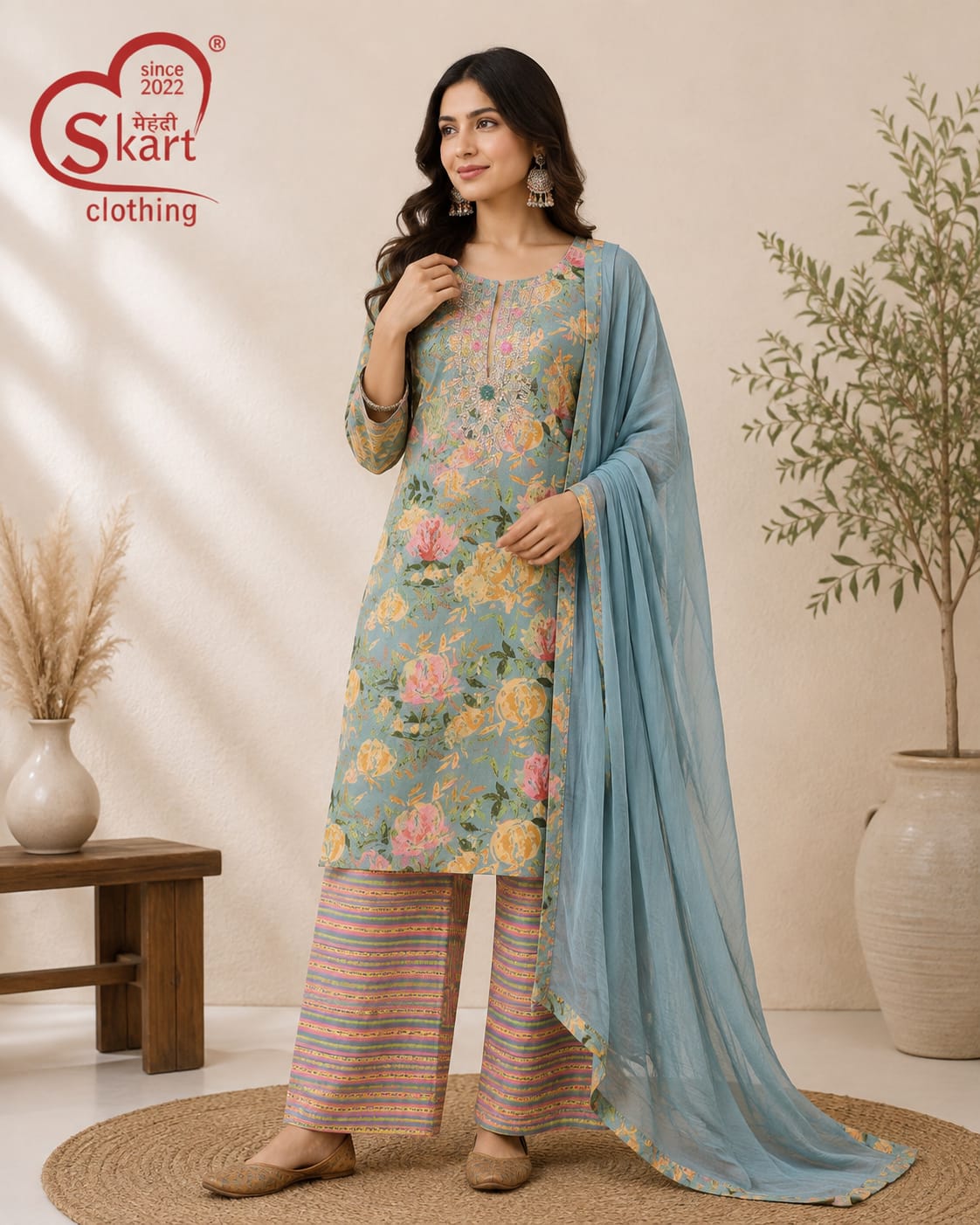 Sky Blue Floral Printed Cotton Suit Set with Dupatta