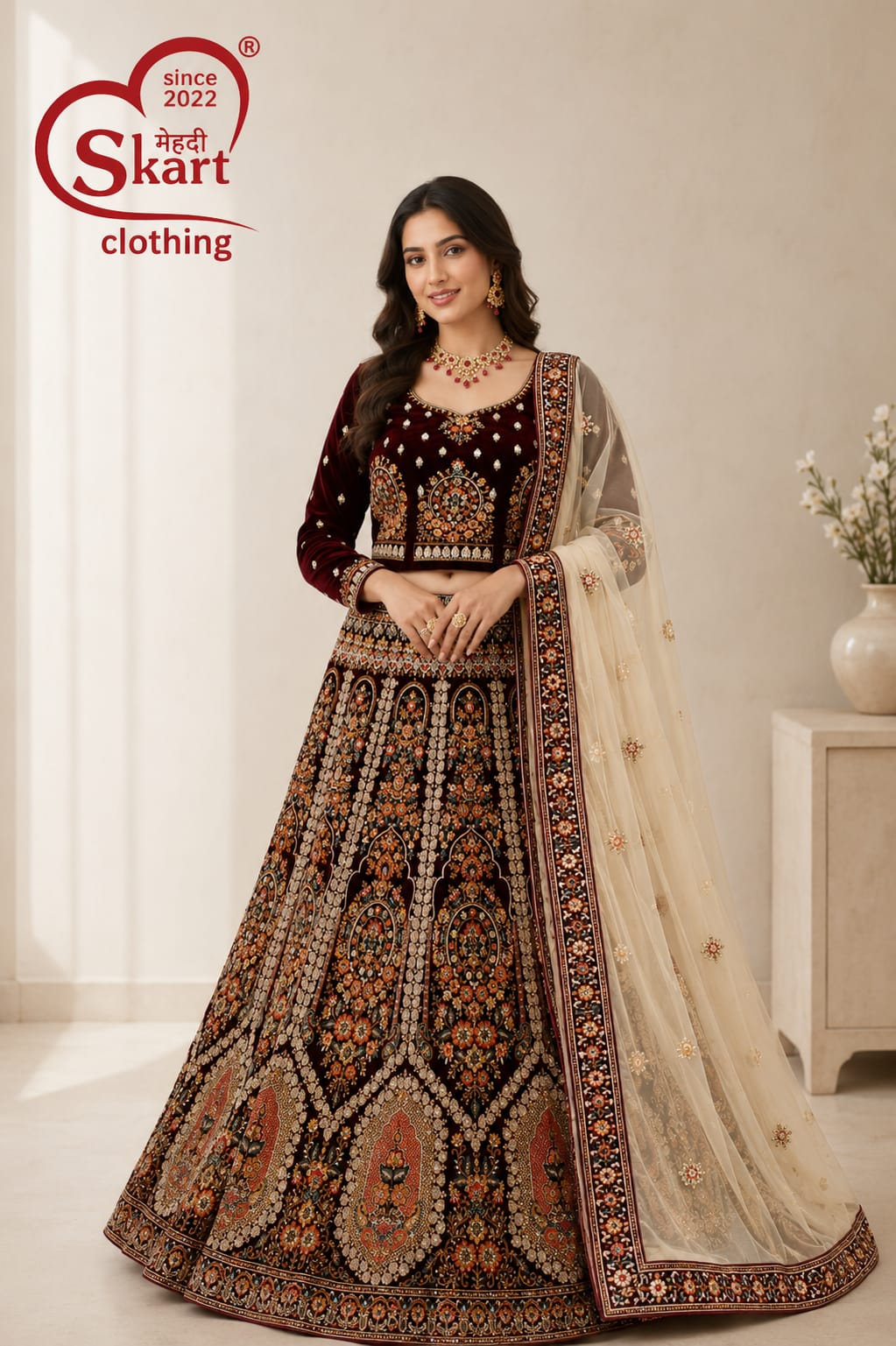Maroon & Black Printed Lehenga Choli with Organza Dupatta