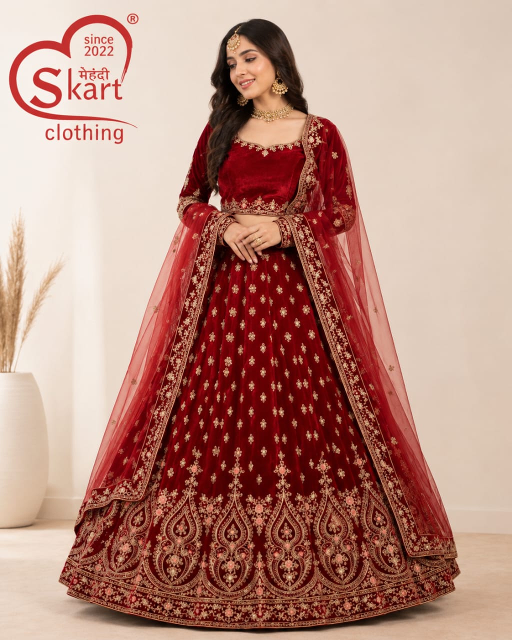 Maroon Velvet Embroidered Lehenga Choli with Sheer Dupatta