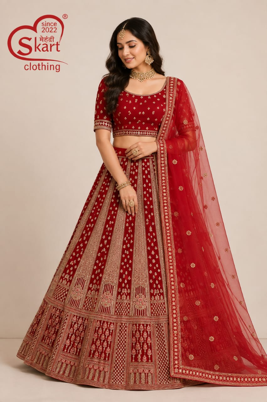 Red Embroidered Lehenga Choli with Sheer Dupatta