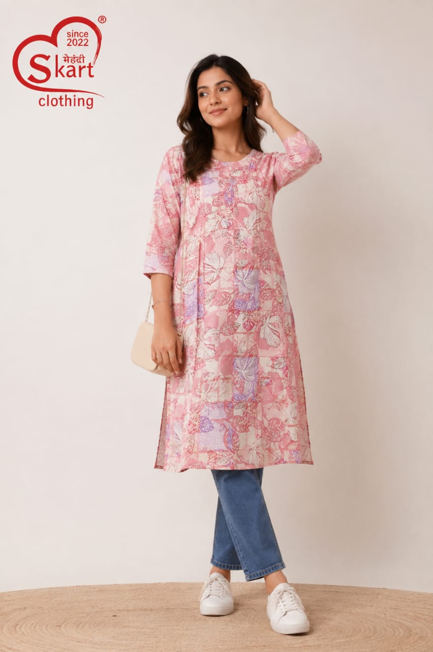 Women’s Pink Floral Printed Straight Kurti