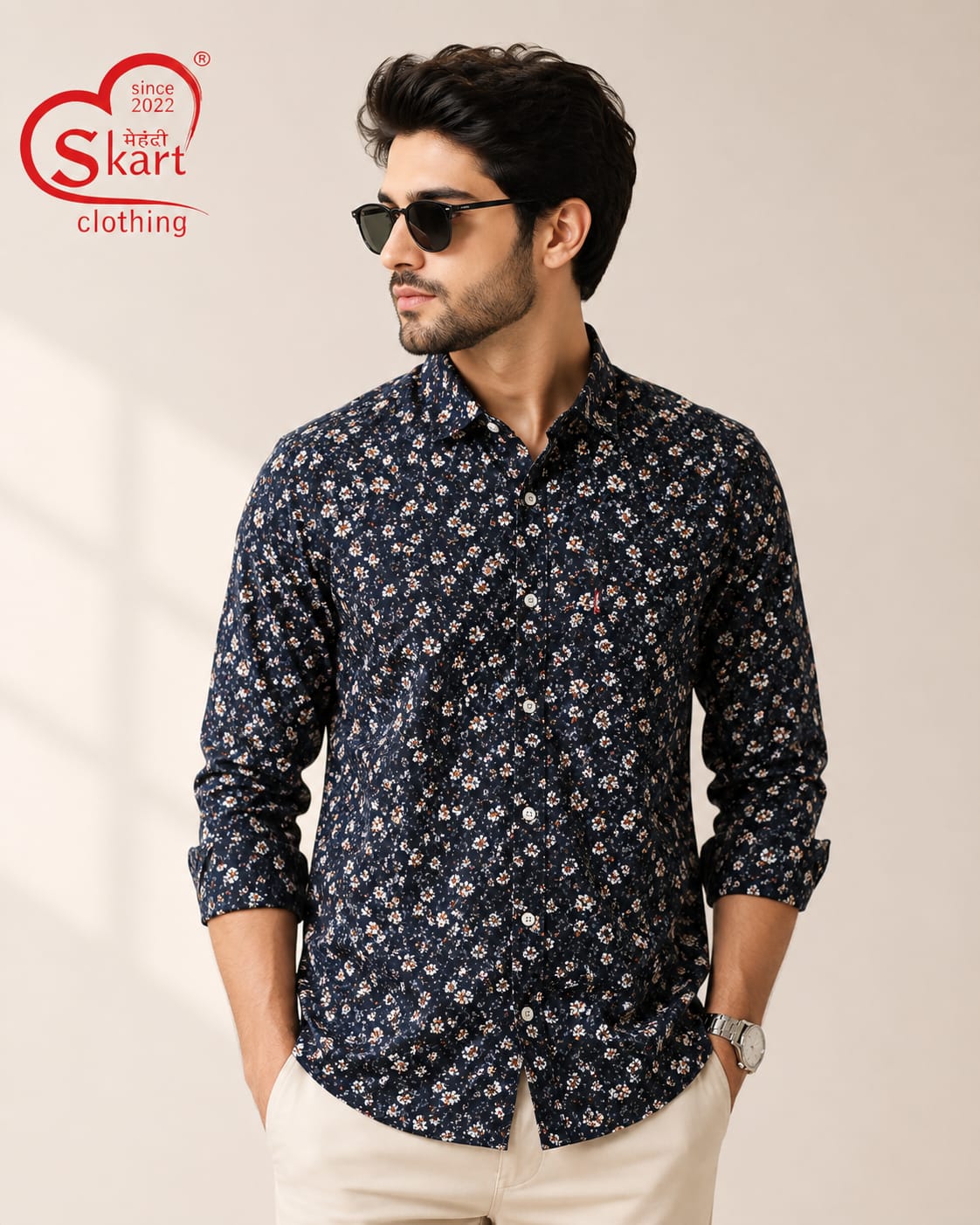 Men’s Navy Blue Floral Printed Casual Shirt