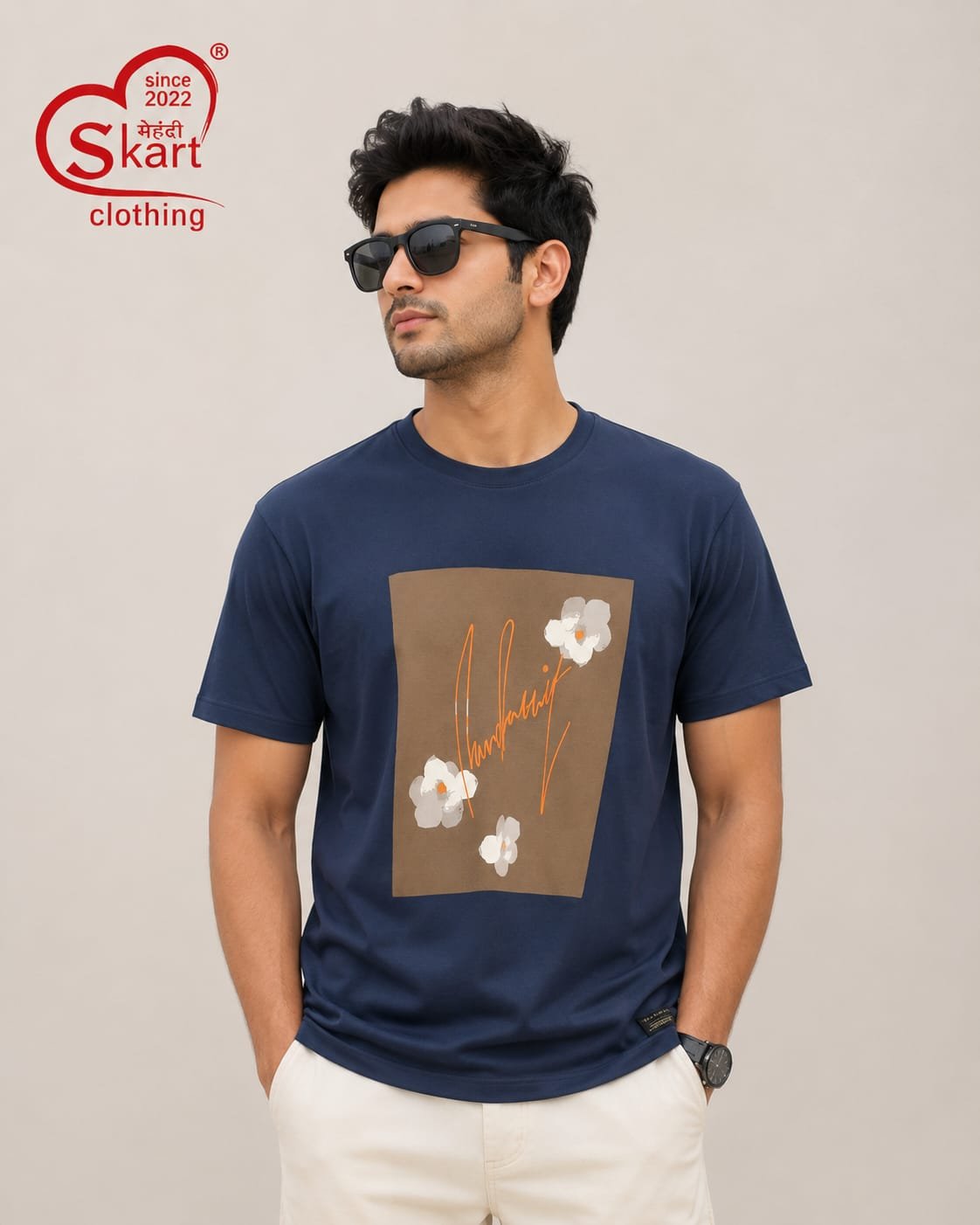 Rare Rabbit Premium Navy Floral Graphic Print T-Shirt