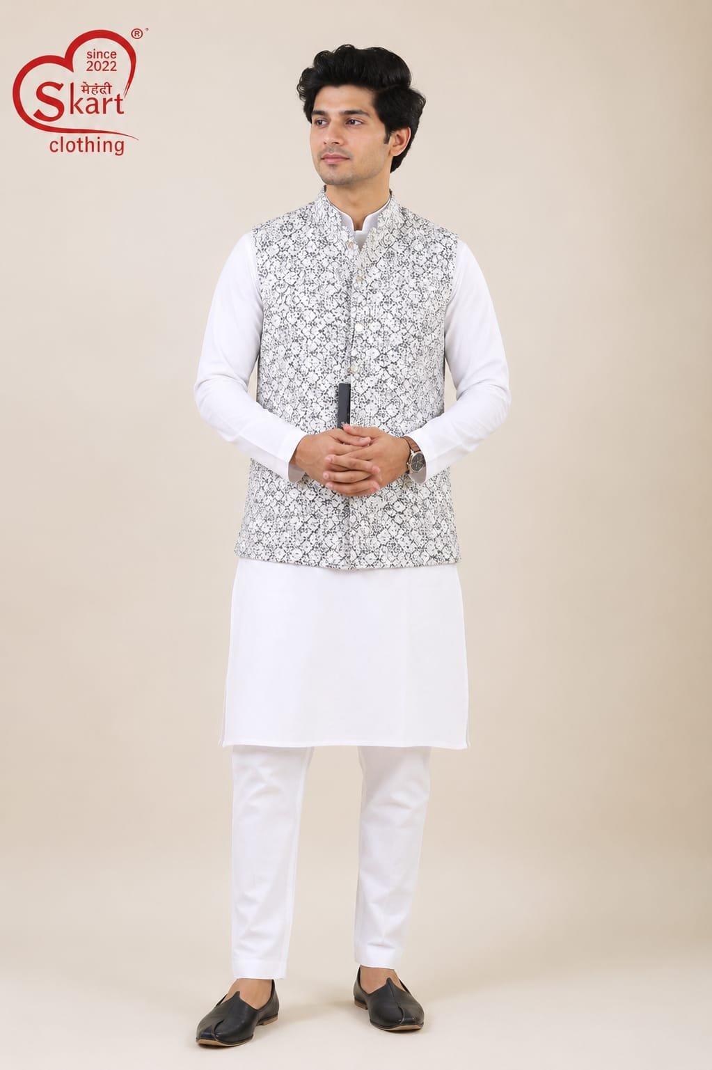 Men’s Black & White Printed Nehru Jacket